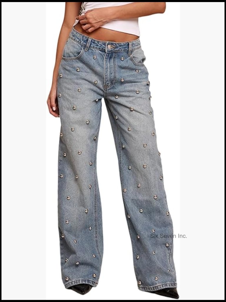 Sparkly Studded High Waisted Straight Wide Leg Jeans Baggy Glitter Denim Trouser